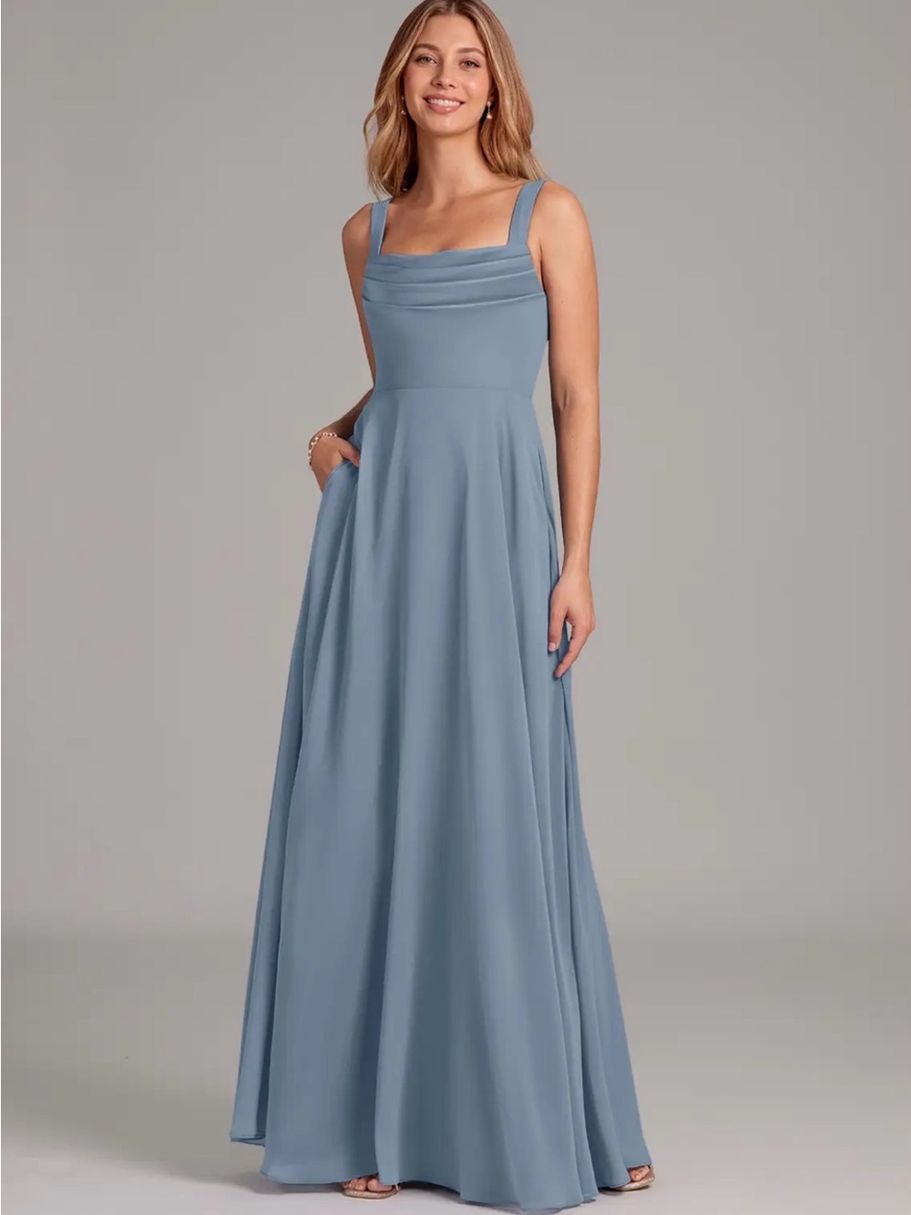 Elegant Square-Neck Long Blue Maxi Dress